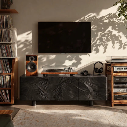 Wave Carved Natural Solid Wood TV Stand with Concealed Storage Doors - Livewoodcraft - 4