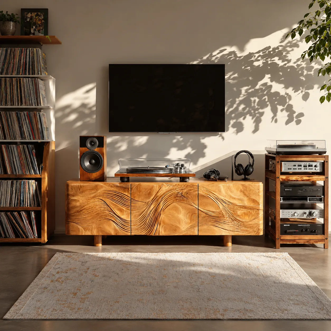 Wave Carved Natural Solid Wood TV Stand with Concealed Storage Doors - Livewoodcraft - 5