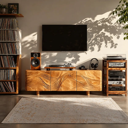 Wave Carved Natural Solid Wood TV Stand with Concealed Storage Doors - Livewoodcraft - 5