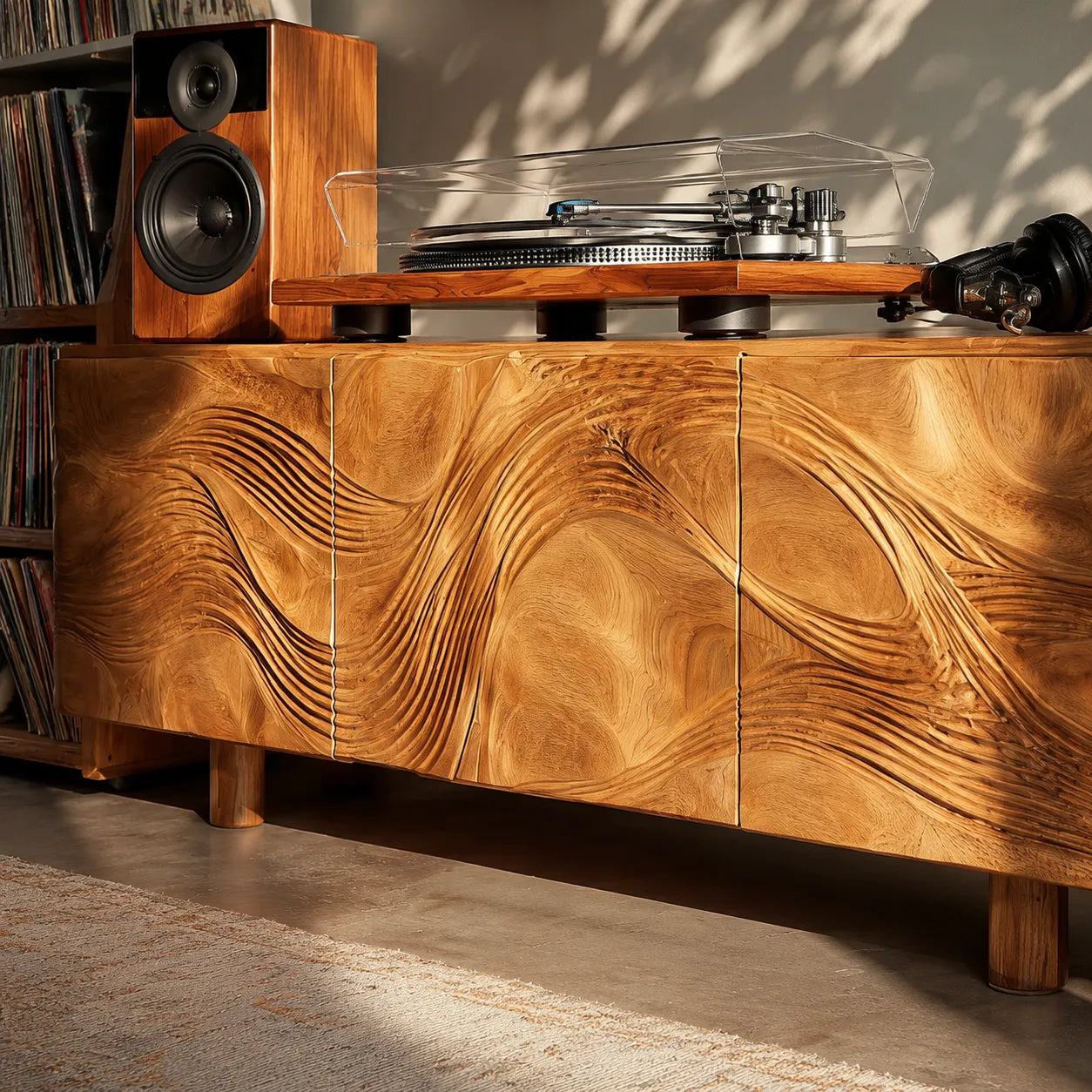 Wave Carved Natural Solid Wood TV Stand with Concealed Storage Doors - Livewoodcraft - 6