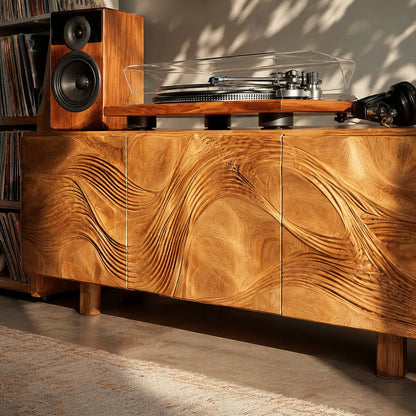 Wave Carved Natural Solid Wood TV Stand with Concealed Storage Doors - Livewoodcraft - 6