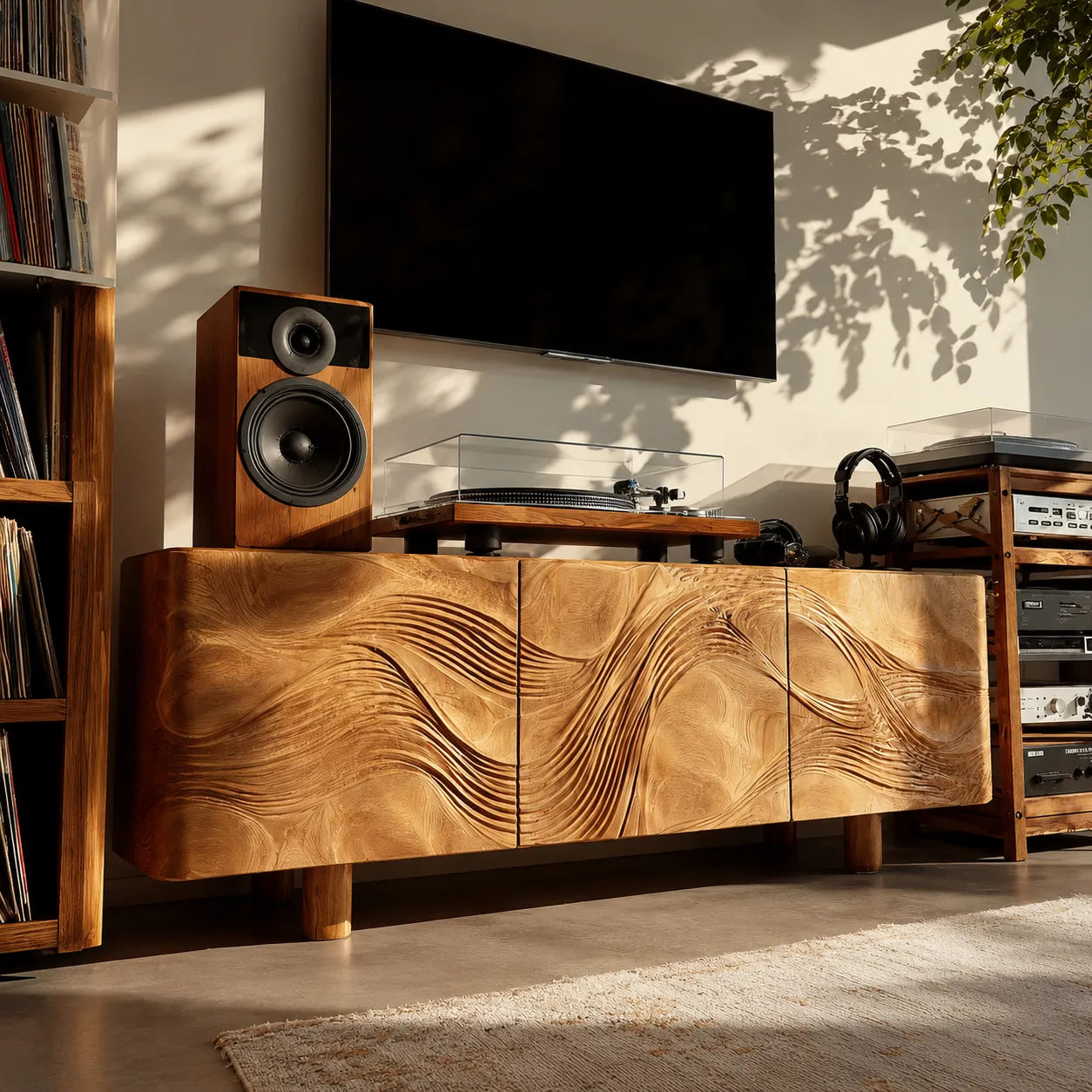 Wave Carved Natural Solid Wood TV Stand with Concealed Storage Doors - Livewoodcraft - 7