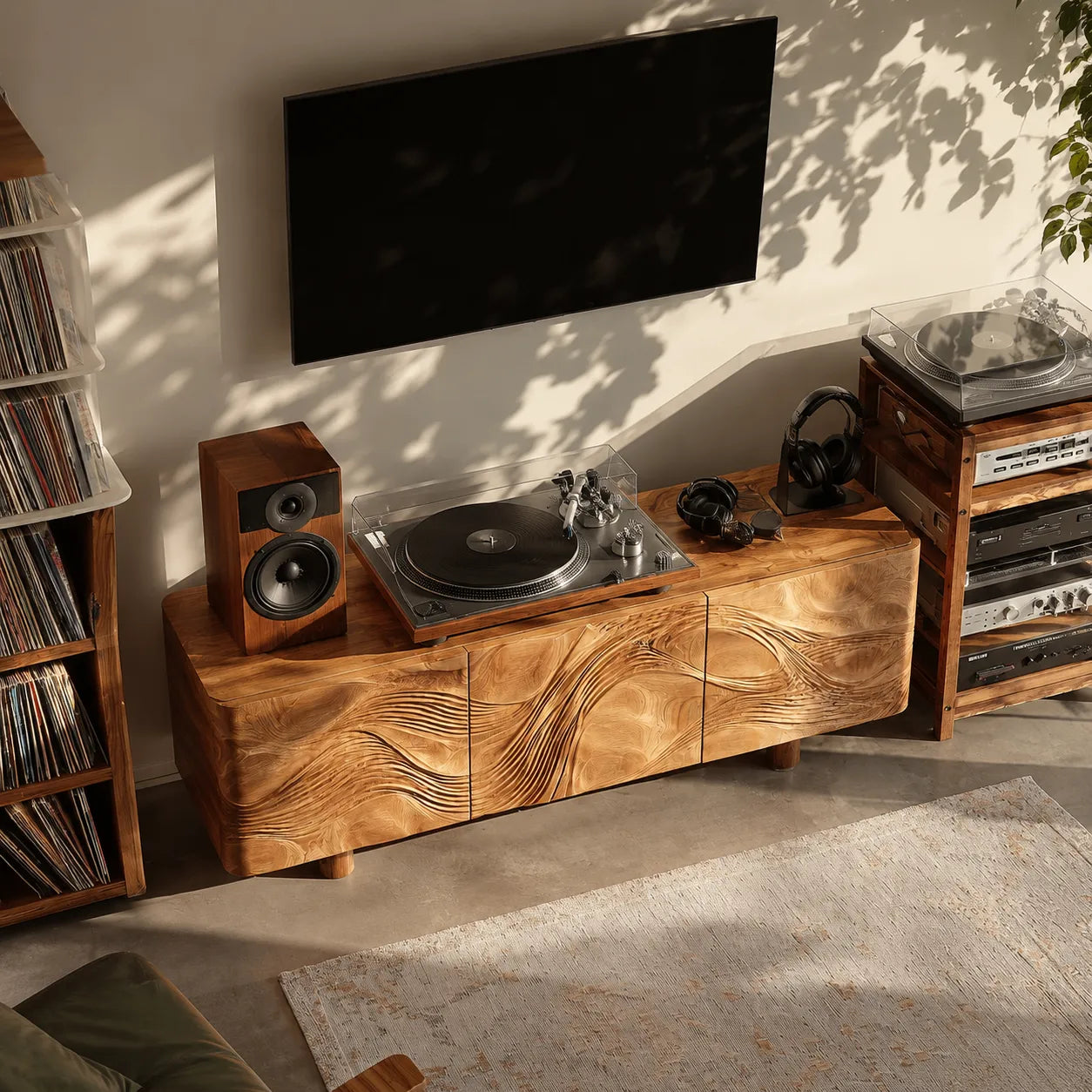 Wave Carved Natural Solid Wood TV Stand with Concealed Storage Doors - Livewoodcraft - 8