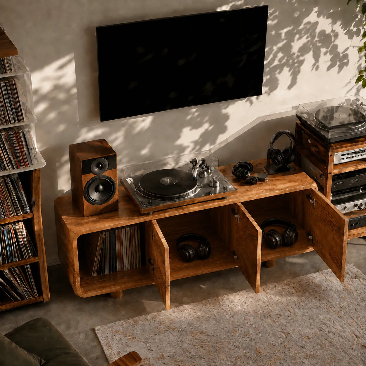 Wave Carved Natural Solid Wood TV Stand with Concealed Storage Doors - Livewoodcraft - 9