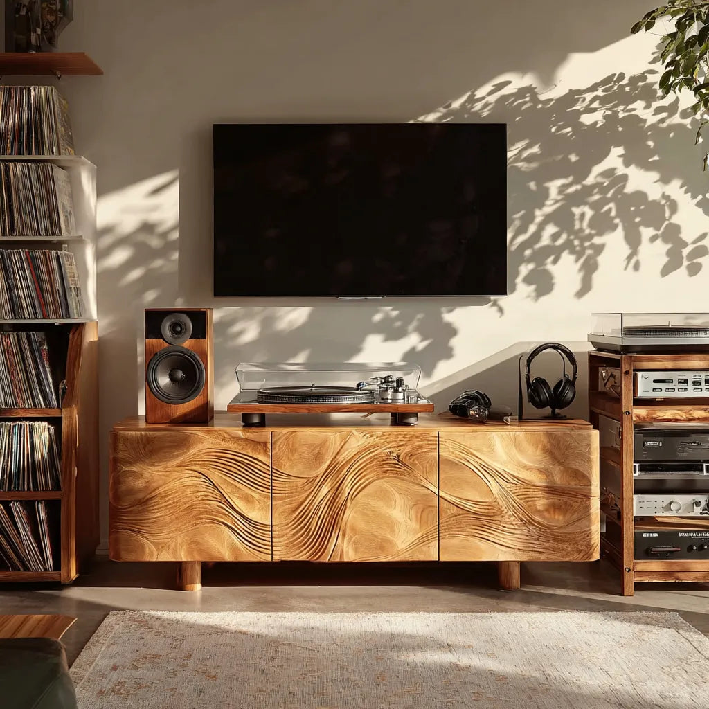 Wave Carved Natural Solid Wood TV Stand with Concealed Storage Doors - Livewoodcraft