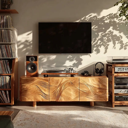 Wave Carved Natural Solid Wood TV Stand with Concealed Storage Doors - Livewoodcraft