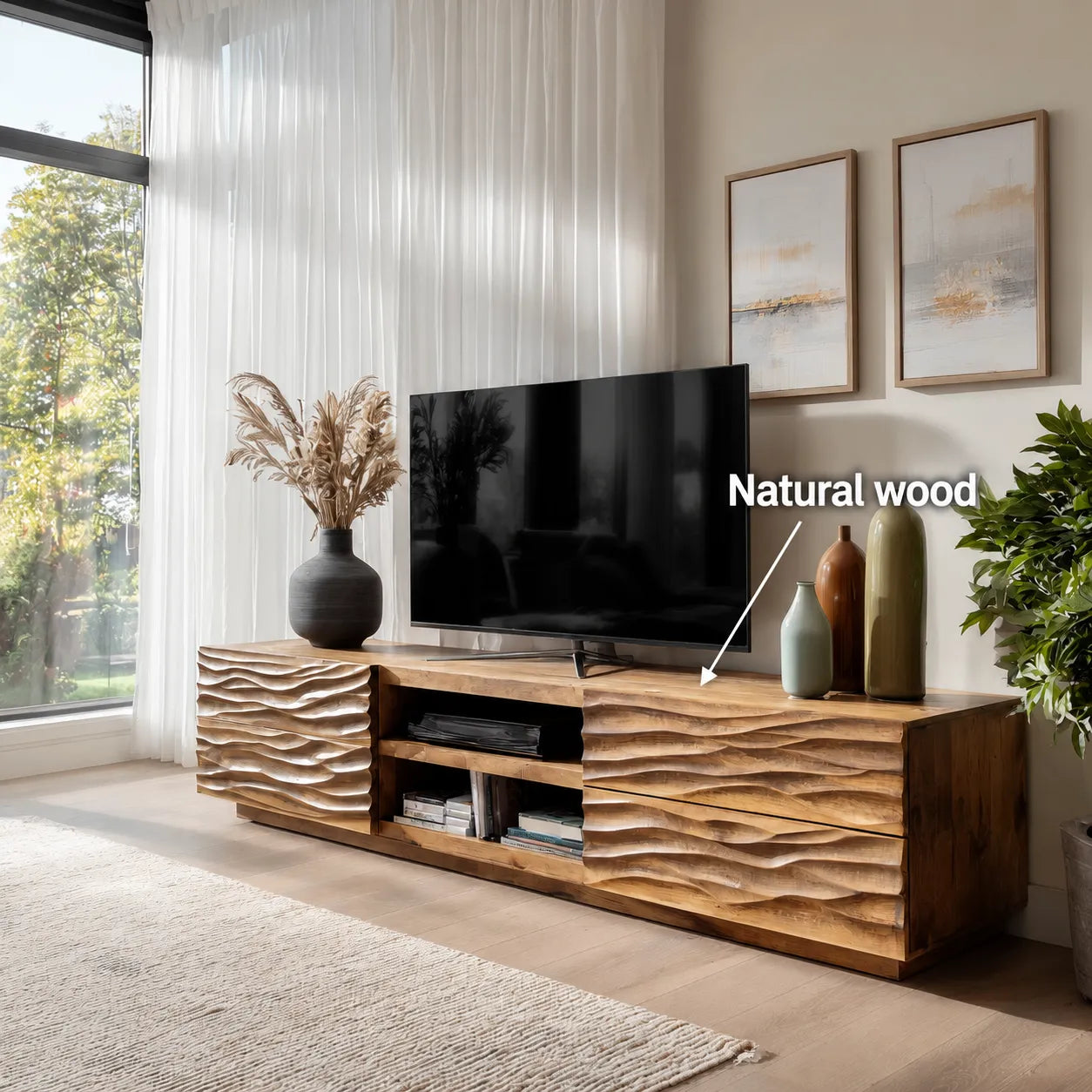 Wave Carved Natural Solid Wood TV Stand with Open Center Storage - Livewoodcraft - 10