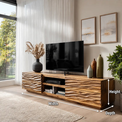 Wave Carved Natural Solid Wood TV Stand with Open Center Storage - Livewoodcraft - 11