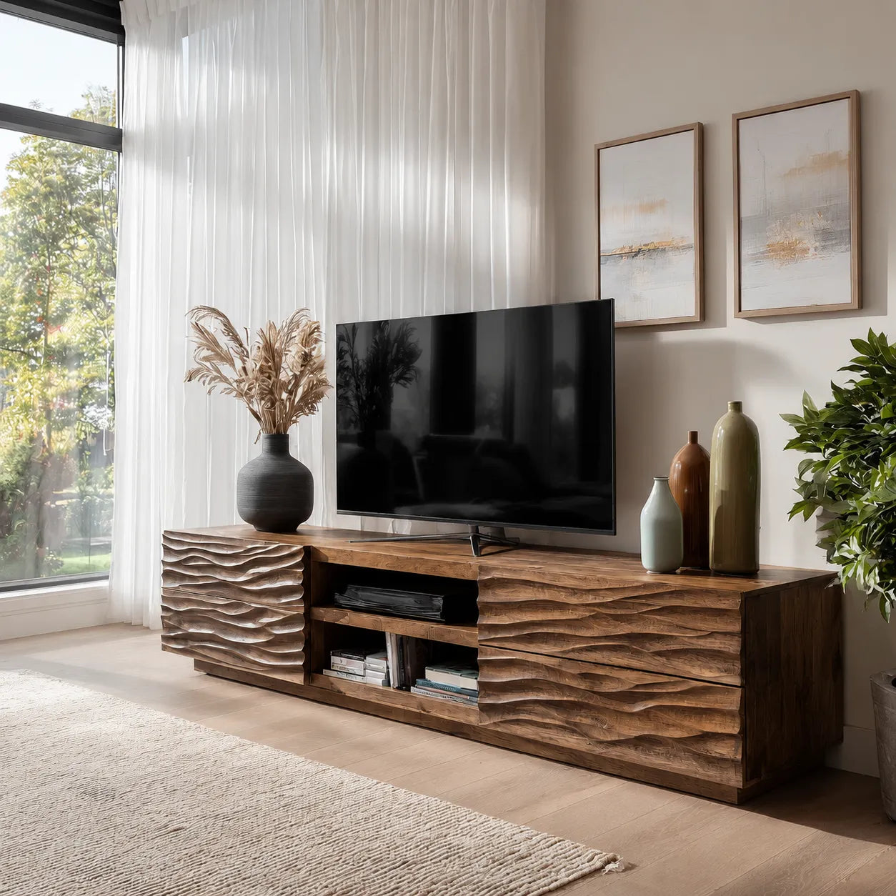 Wave Carved Natural Solid Wood TV Stand with Open Center Storage - Livewoodcraft - 2