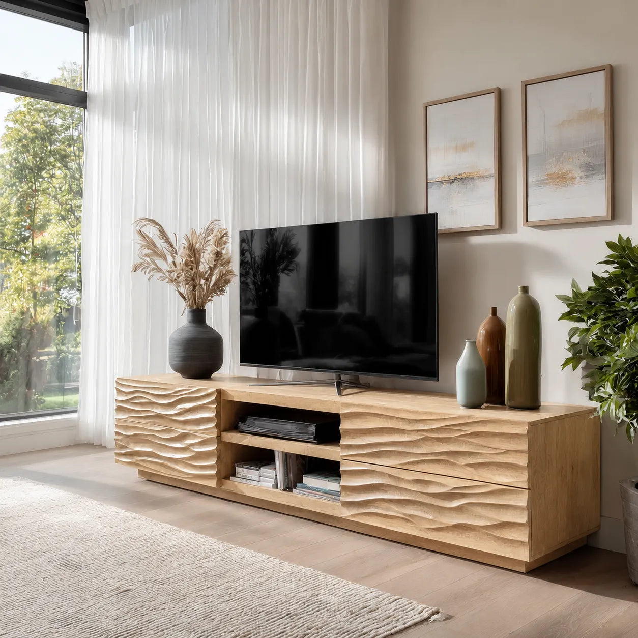 Wave Carved Natural Solid Wood TV Stand with Open Center Storage - Livewoodcraft - 3