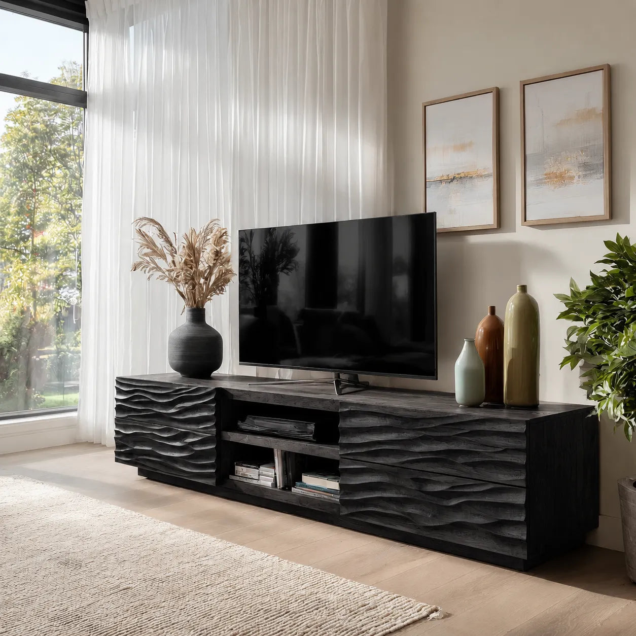 Wave Carved Natural Solid Wood TV Stand with Open Center Storage - Livewoodcraft - 4