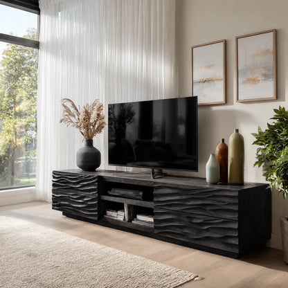 Wave Carved Natural Solid Wood TV Stand with Open Center Storage - Livewoodcraft - 4