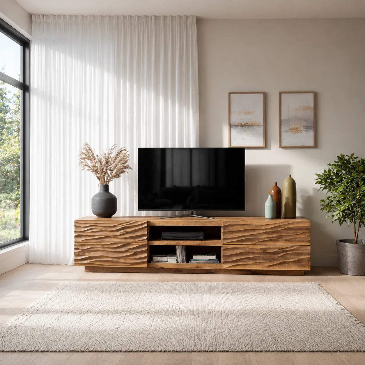 Wave Carved Natural Solid Wood TV Stand with Open Center Storage - Livewoodcraft - 5