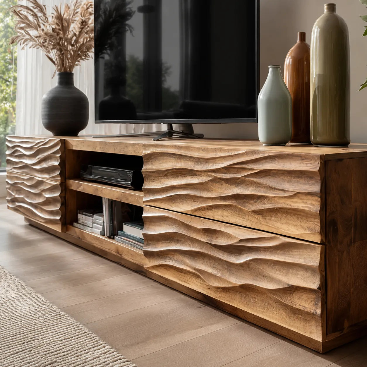Wave Carved Natural Solid Wood TV Stand with Open Center Storage - Livewoodcraft - 6