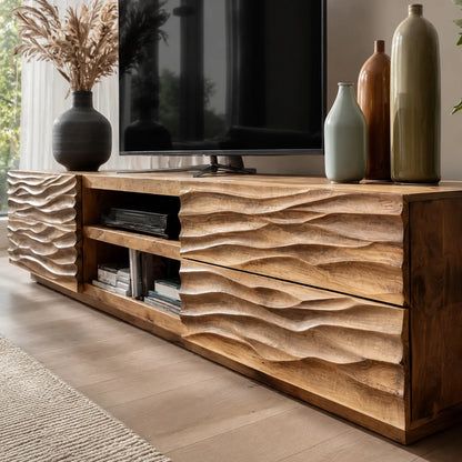 Wave Carved Natural Solid Wood TV Stand with Open Center Storage - Livewoodcraft - 6
