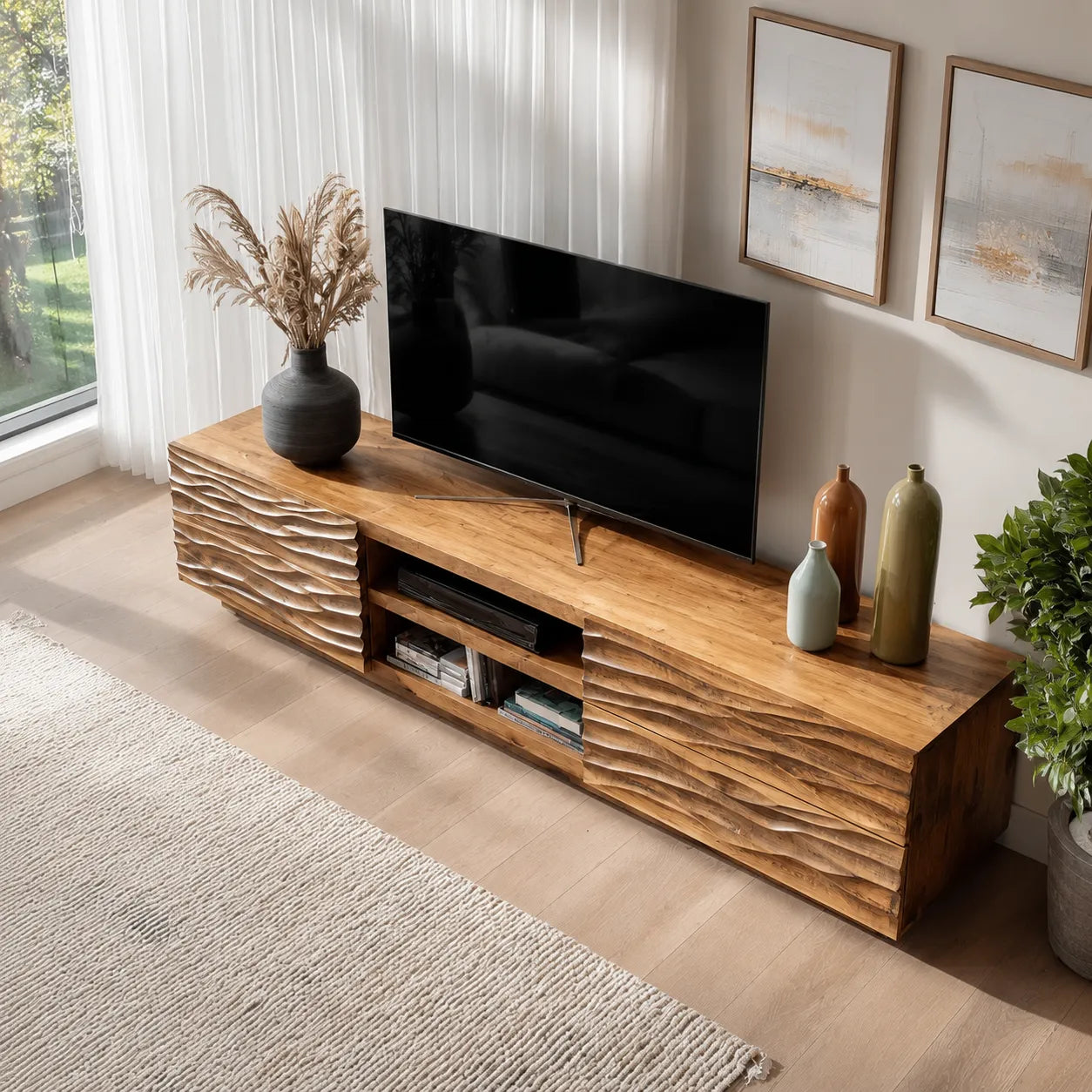 Wave Carved Natural Solid Wood TV Stand with Open Center Storage - Livewoodcraft - 7