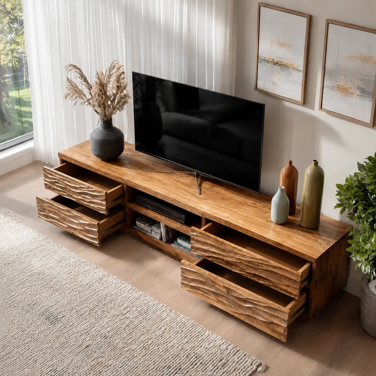 Wave Carved Natural Solid Wood TV Stand with Open Center Storage - Livewoodcraft - 8