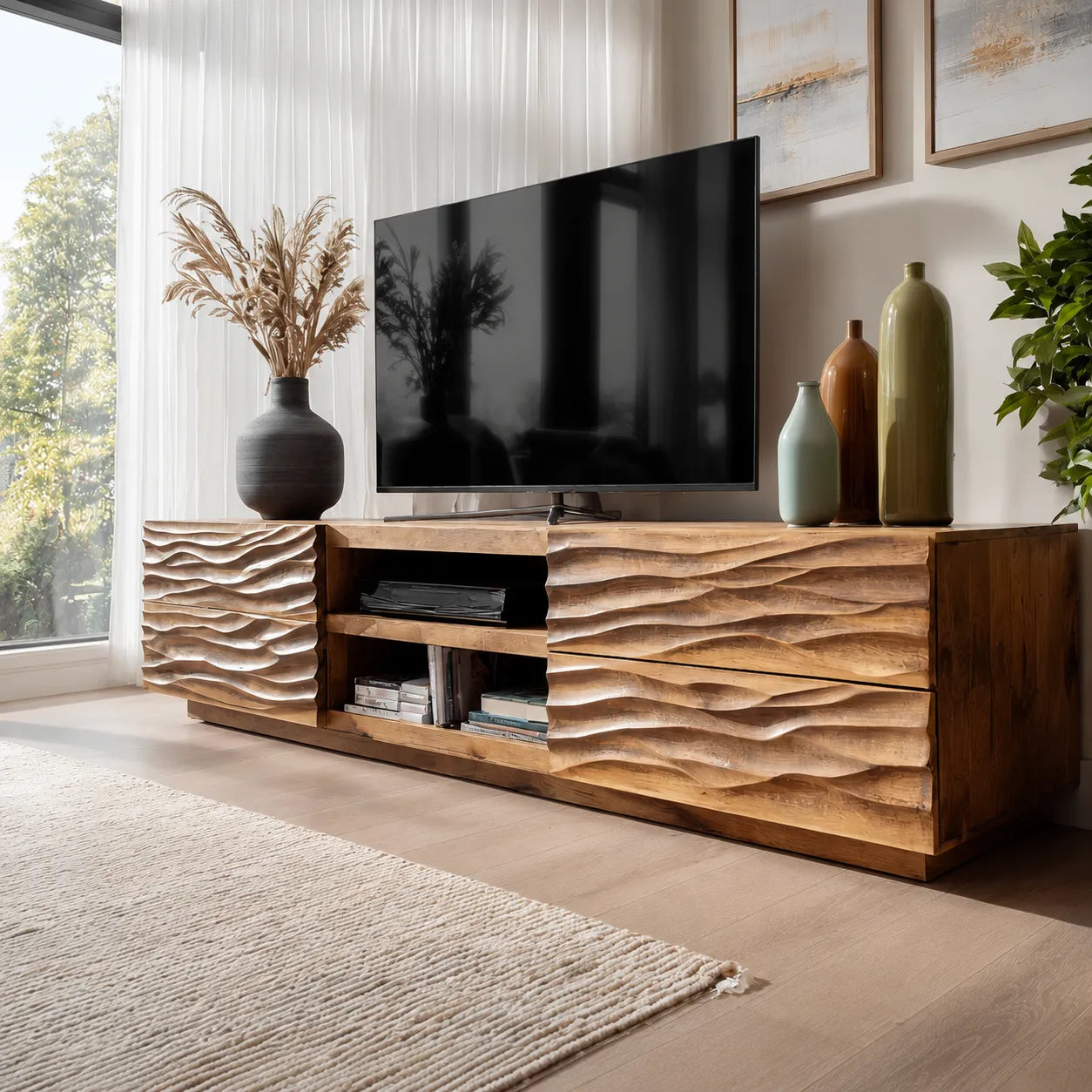 Wave Carved Natural Solid Wood TV Stand with Open Center Storage - Livewoodcraft - 9