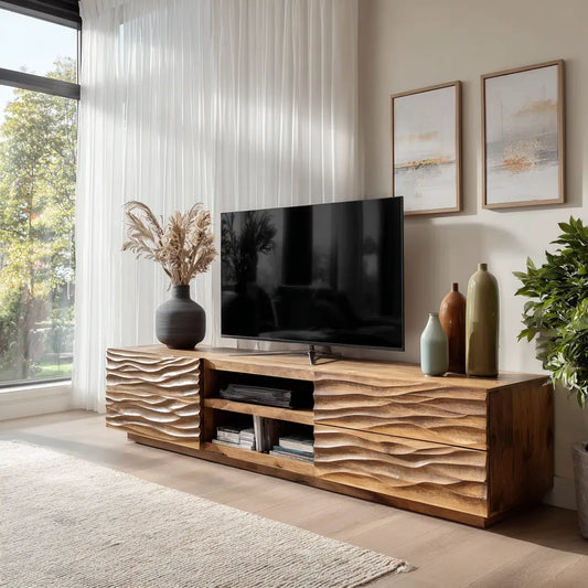 Wave Carved Natural Solid Wood TV Stand with Open Center Storage - Livewoodcraft