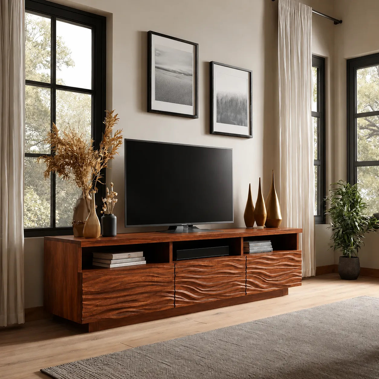 Wave Carved Natural Solid Wood TV Stand with Open Shelf Storage - Livewoodcraft - 2