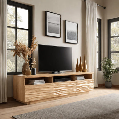 Wave Carved Natural Solid Wood TV Stand with Open Shelf Storage - Livewoodcraft - 3
