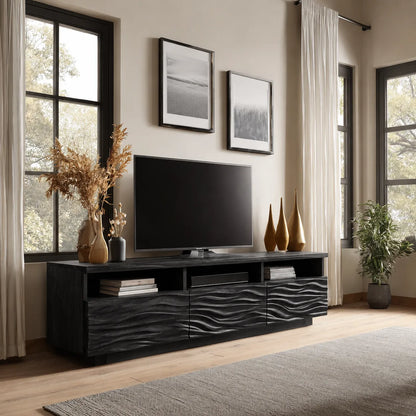 Wave Carved Natural Solid Wood TV Stand with Open Shelf Storage - Livewoodcraft - 4