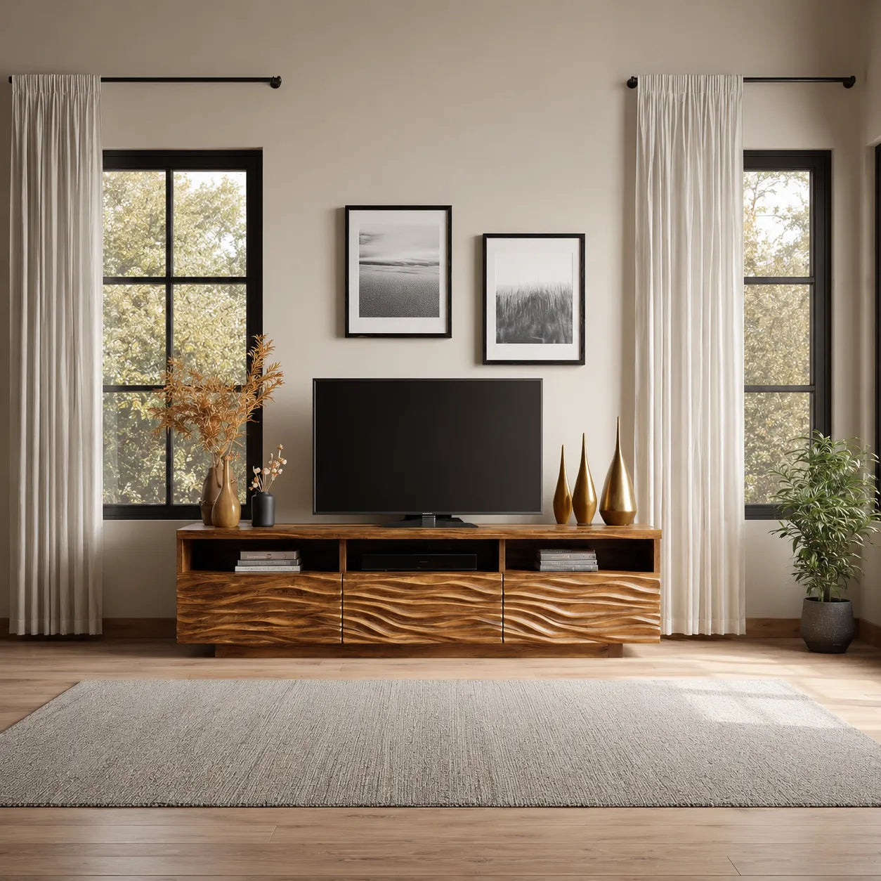 Wave Carved Natural Solid Wood TV Stand with Open Shelf Storage - Livewoodcraft - 5
