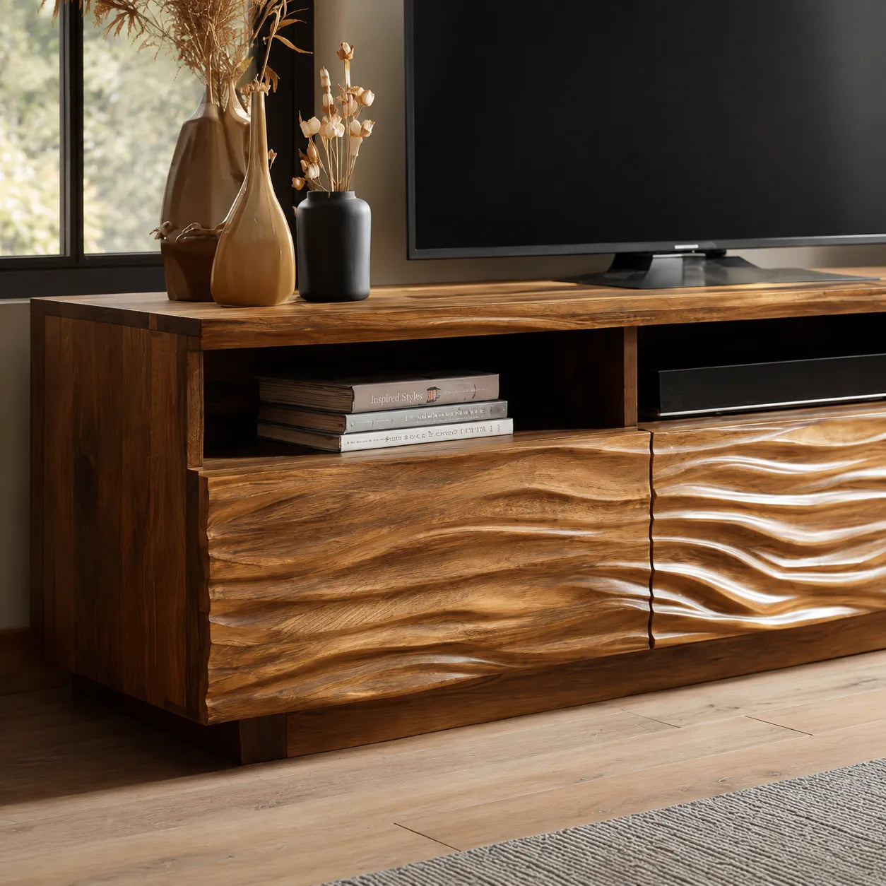 Wave Carved Natural Solid Wood TV Stand with Open Shelf Storage - Livewoodcraft - 6