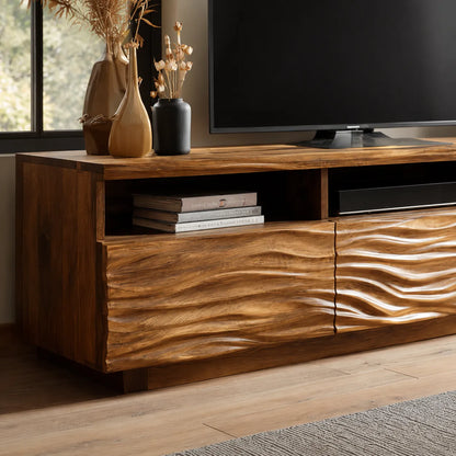 Wave Carved Natural Solid Wood TV Stand with Open Shelf Storage - Livewoodcraft - 6