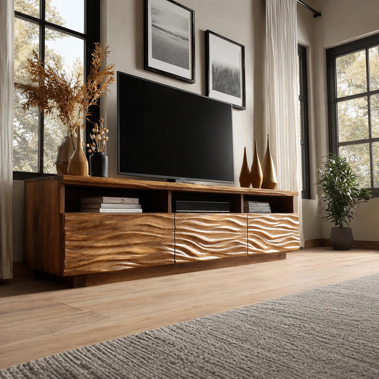 Wave Carved Natural Solid Wood TV Stand with Open Shelf Storage - Livewoodcraft - 7