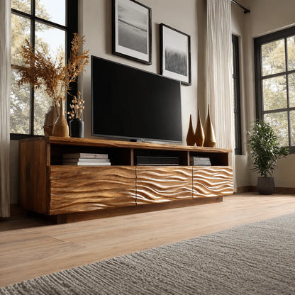 Wave Carved Natural Solid Wood TV Stand with Open Shelf Storage - Livewoodcraft - 7