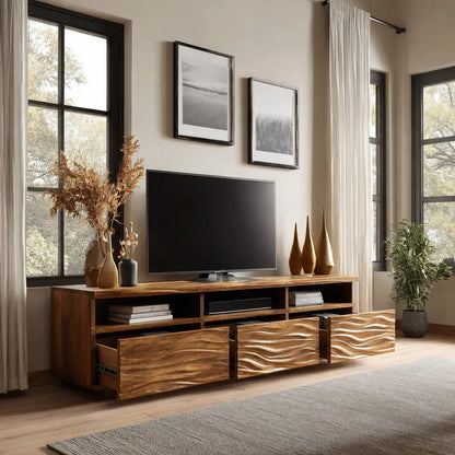 Wave Carved Natural Solid Wood TV Stand with Open Shelf Storage - Livewoodcraft - 8