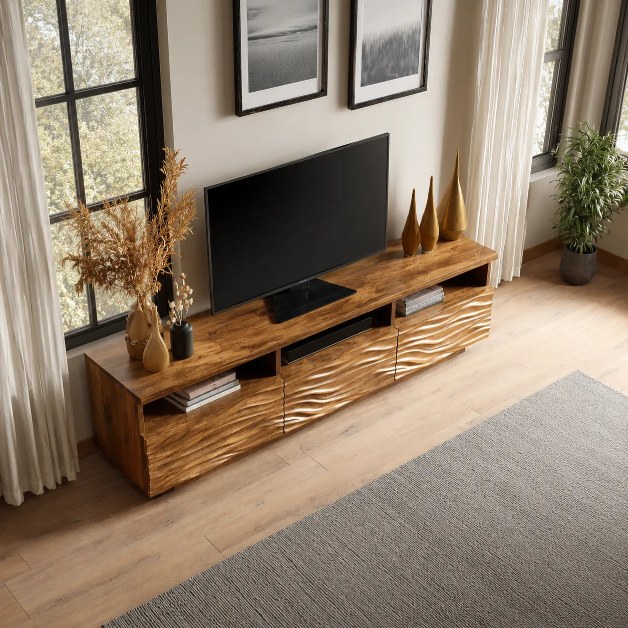 Wave Carved Natural Solid Wood TV Stand with Open Shelf Storage - Livewoodcraft - 9