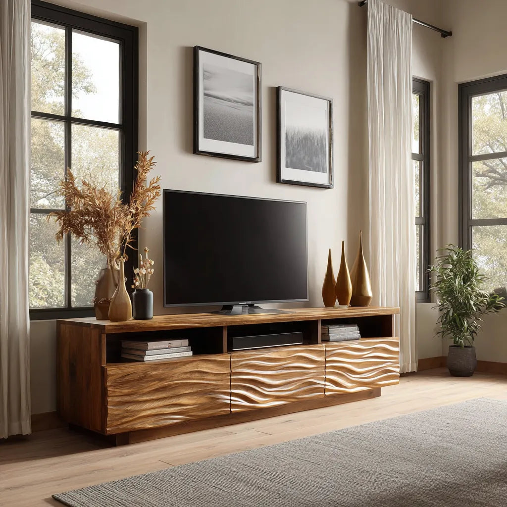 Wave Carved Natural Solid Wood TV Stand with Open Shelf Storage - Livewoodcraft