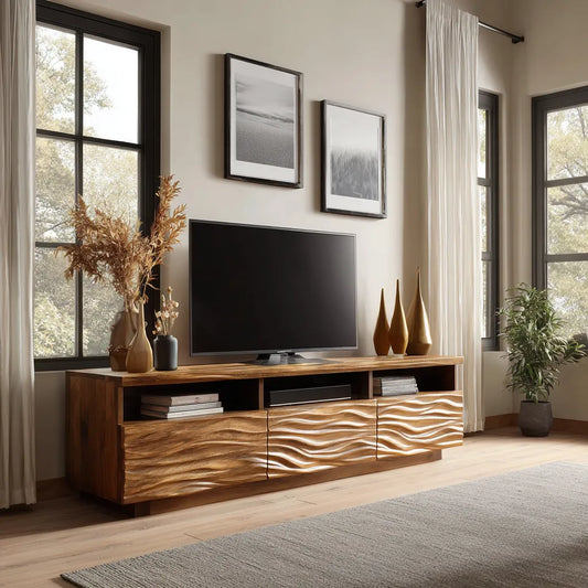 Wave Carved Natural Solid Wood TV Stand with Open Shelf Storage - Livewoodcraft