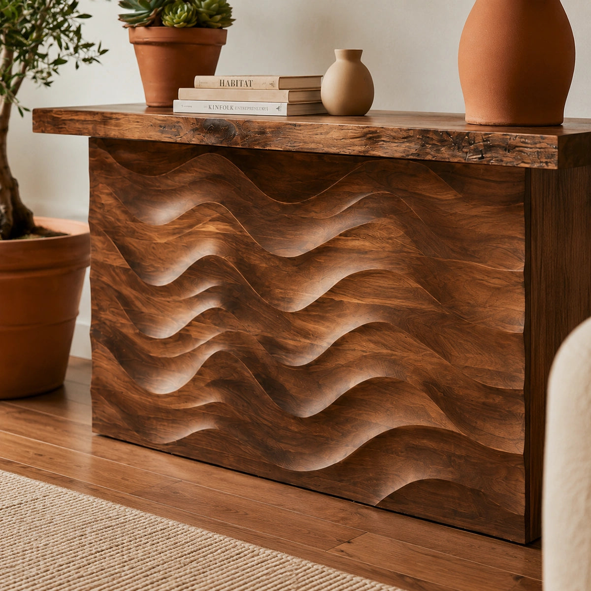 Wave Front Natural Solid Wood Sideboard Cabinet with Concealed Storage - Livewoodcraft - 5