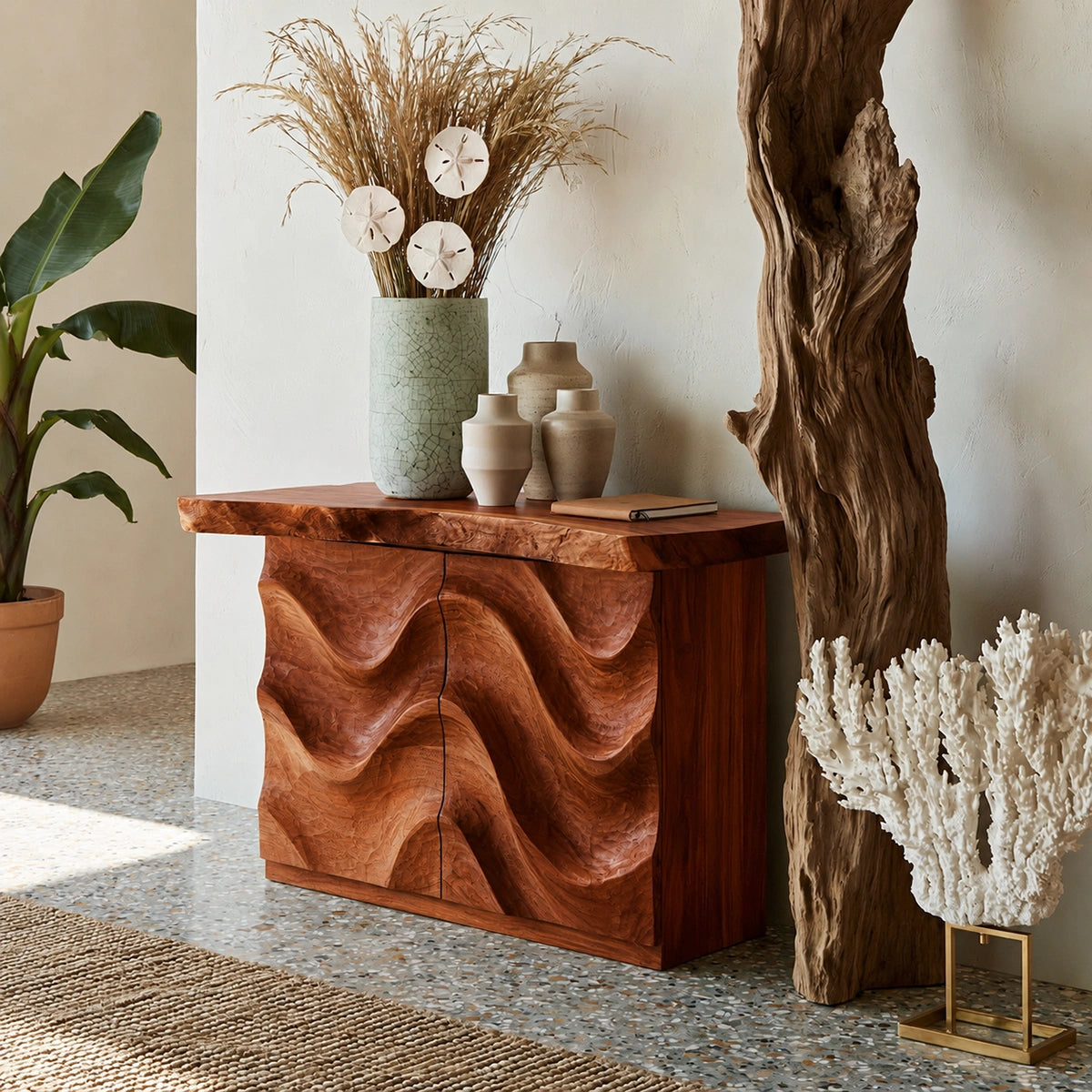 Wave Front Natural Solid Wood Sideboard Cabinet with Hidden Storage - Livewoodcraft - 2