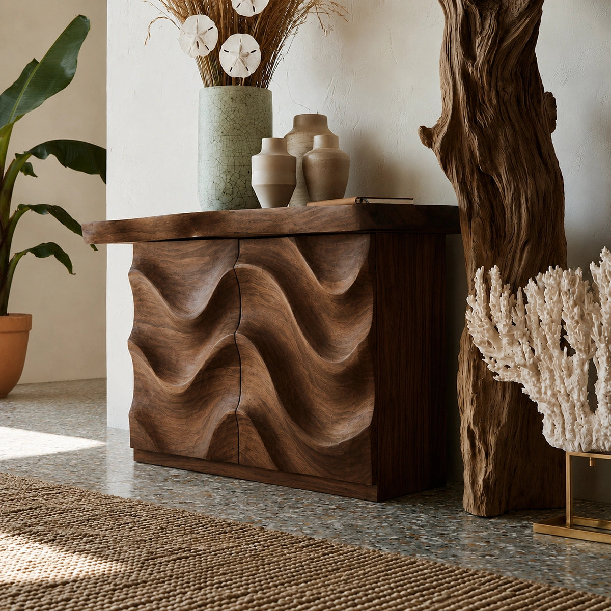 Wave Front Natural Solid Wood Sideboard Cabinet with Hidden Storage - Livewoodcraft - 5