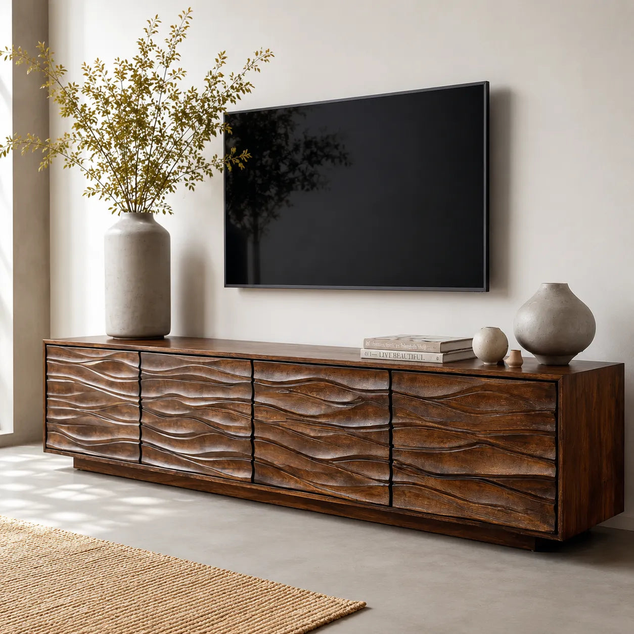 Wave Front Natural Solid Wood TV Stand with Sculpted Storage Design - Livewoodcraft - 10