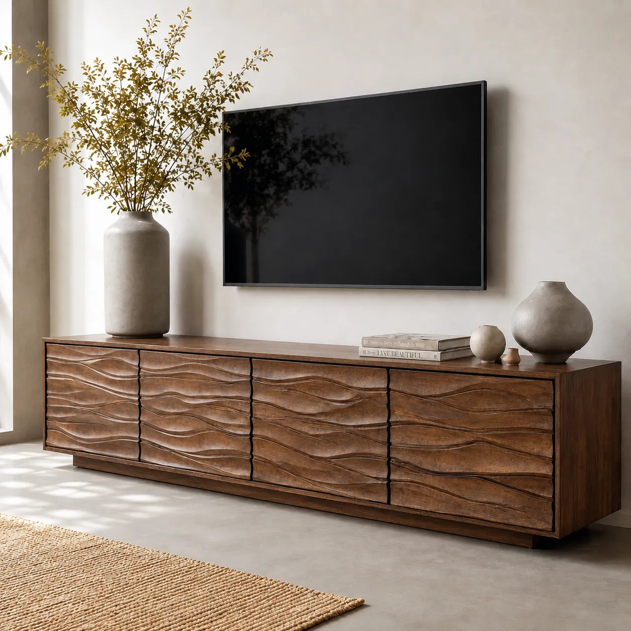 Wave Front Natural Solid Wood TV Stand with Sculpted Storage Design - Livewoodcraft - 8
