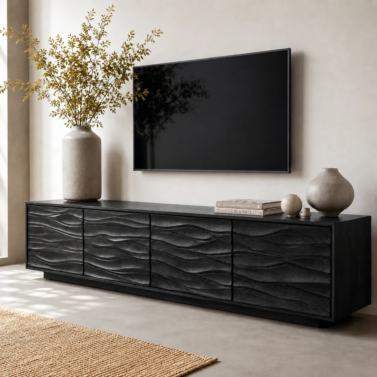 Wave Front Natural Solid Wood TV Stand with Sculpted Storage Design - Livewoodcraft - 9