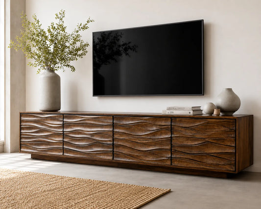 Wave Front Natural Solid Wood TV Stand with Sculpted Storage Design - Livewoodcraft
