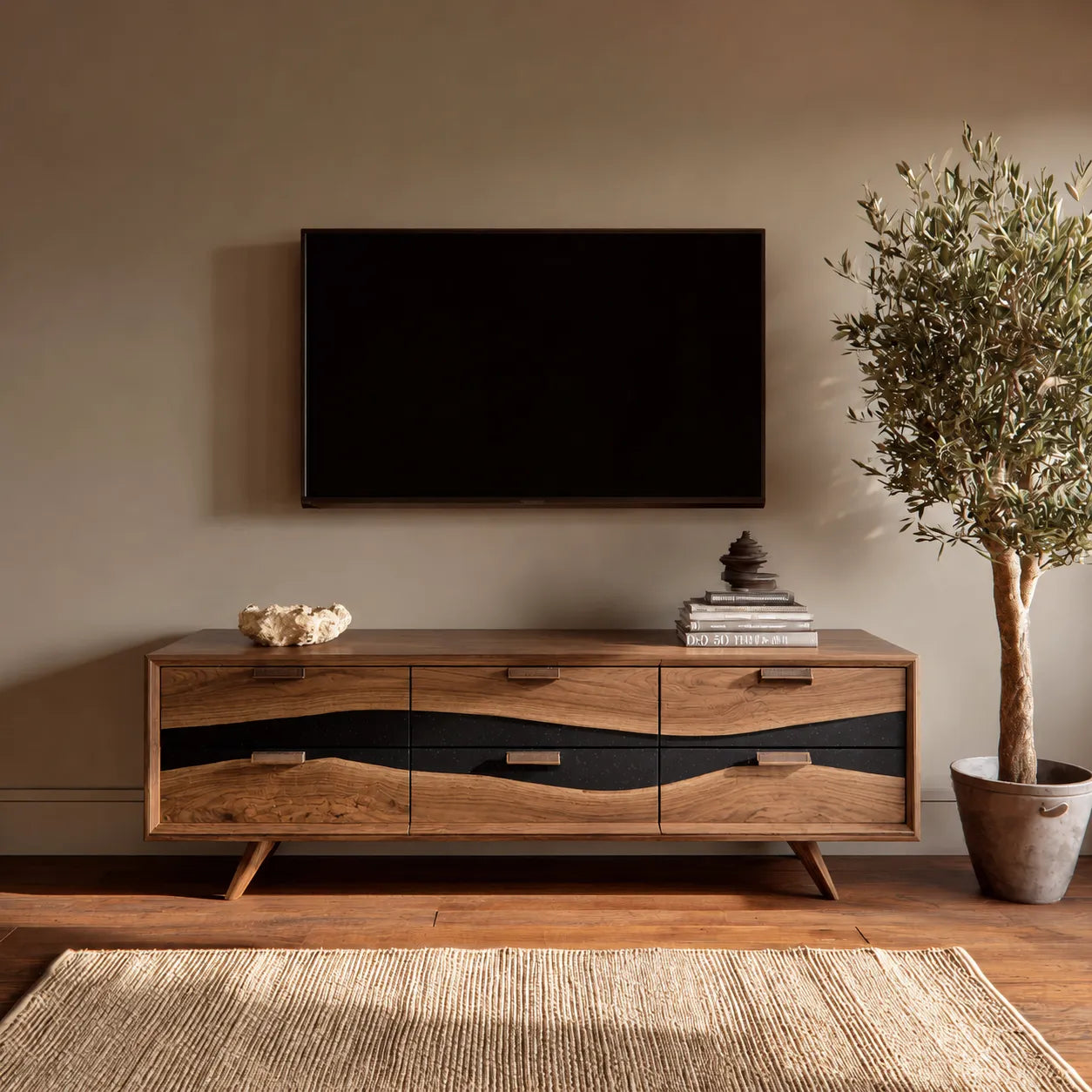 Wave Front Natural Solid Wood TV Stand with Six Drawer Storage - Livewoodcraft - 2