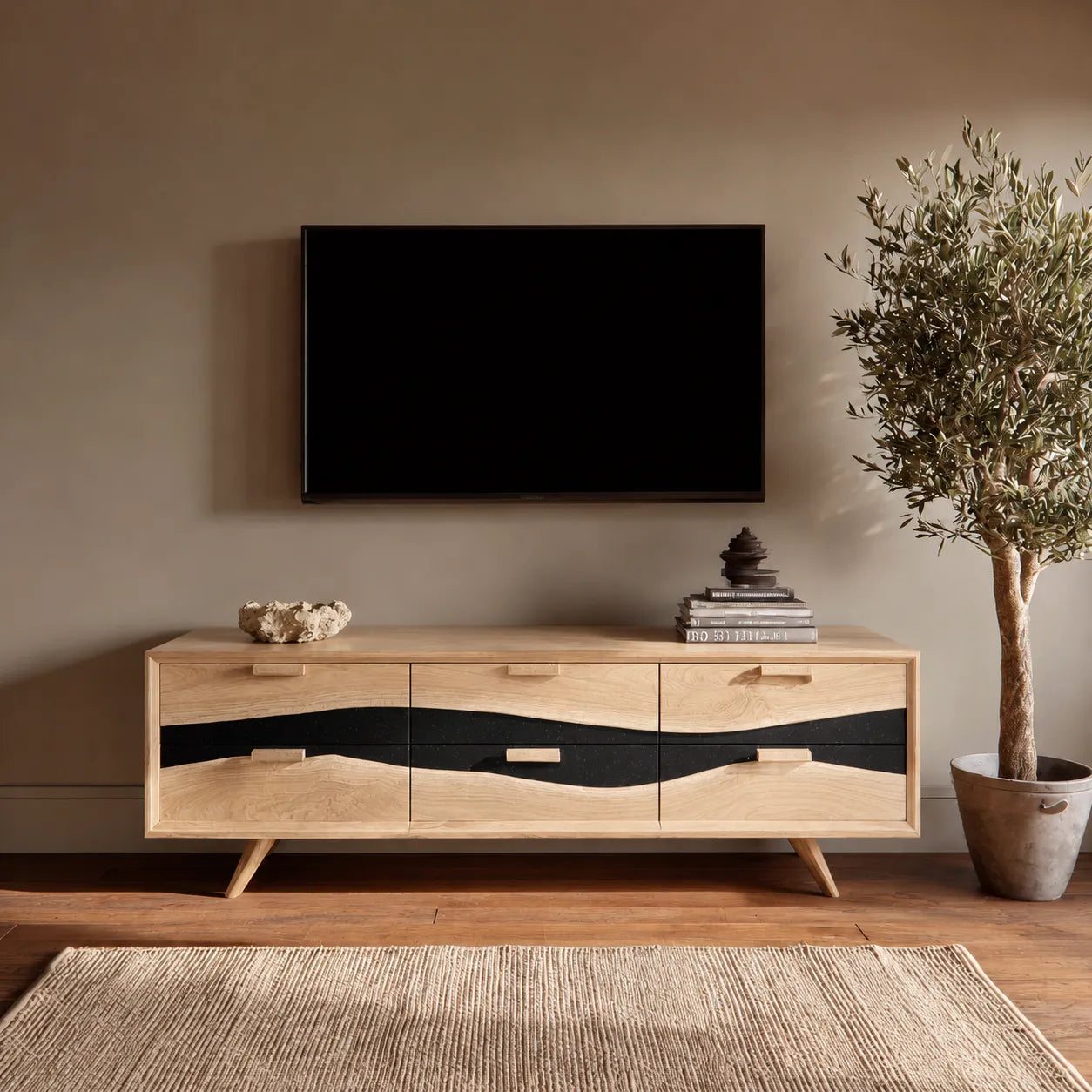 Wave Front Natural Solid Wood TV Stand with Six Drawer Storage - Livewoodcraft - 3