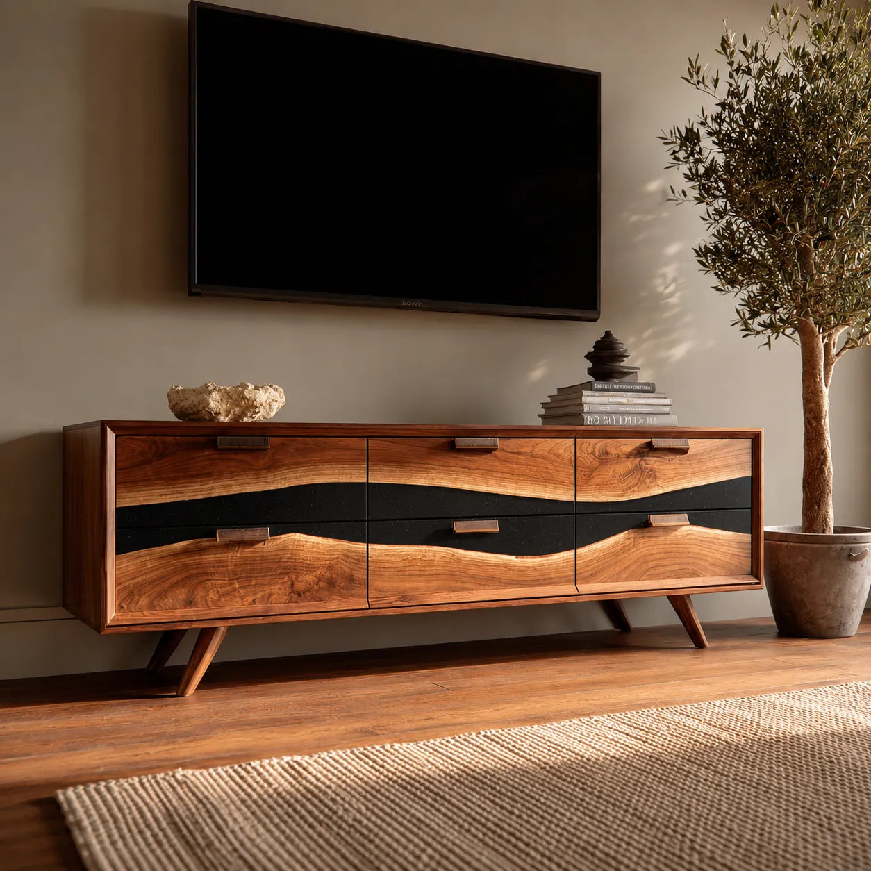 Wave Front Natural Solid Wood TV Stand with Six Drawer Storage - Livewoodcraft - 7