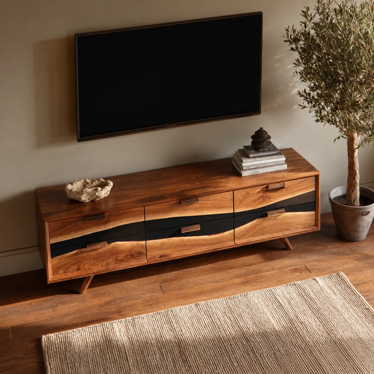 Wave Front Natural Solid Wood TV Stand with Six Drawer Storage - Livewoodcraft - 8