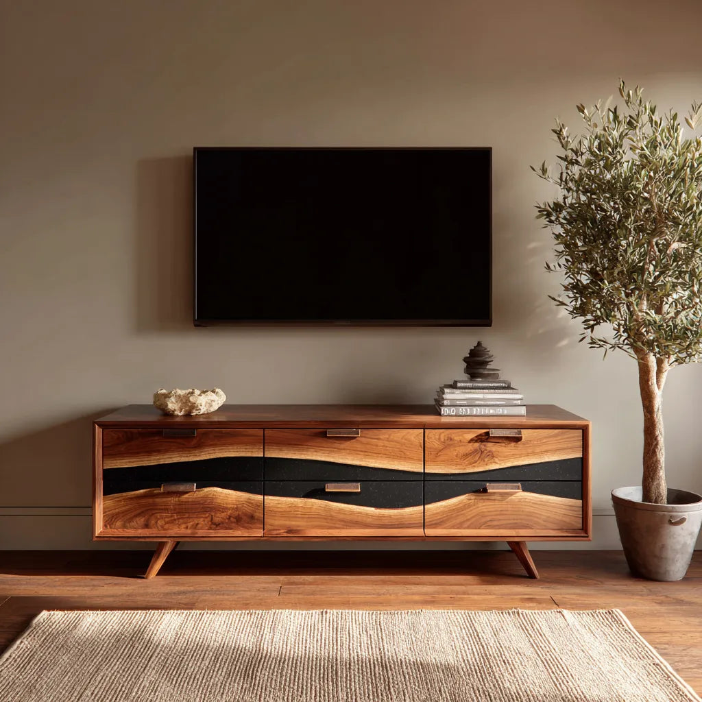 Wave Front Natural Solid Wood TV Stand with Six Drawer Storage - Livewoodcraft