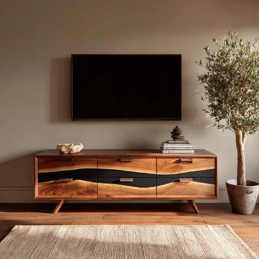 Wave Front Natural Solid Wood TV Stand with Six Drawer Storage - Livewoodcraft