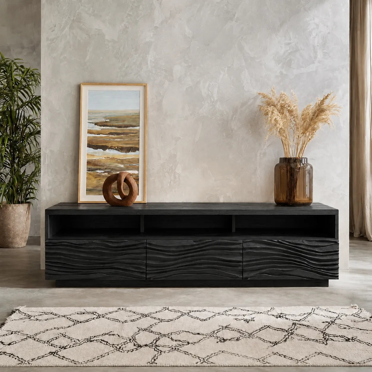 Wave Front TV Stand with Sculpted Storage and Open Display Shelf - Livewoodcraft - 10