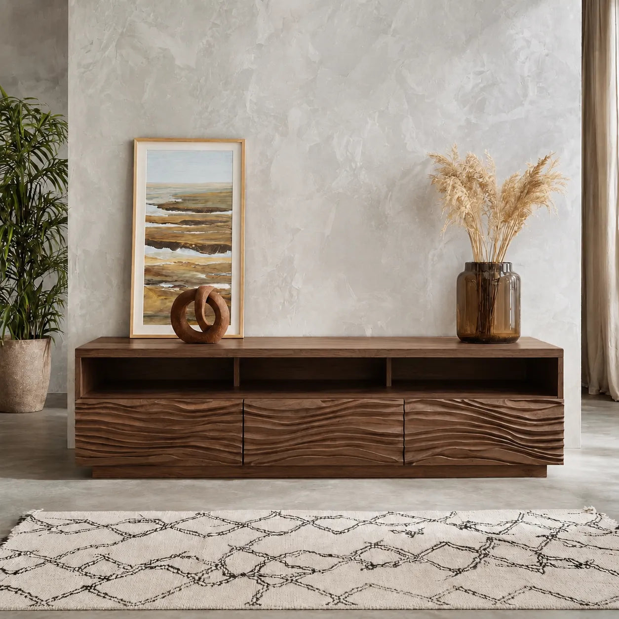 Wave Front TV Stand with Sculpted Storage and Open Display Shelf - Livewoodcraft - 12